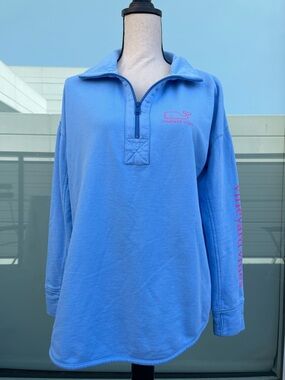 Vineyard Vines Partial Zip Pullover Sweatshirt Blue with Pink Lettering Medium
